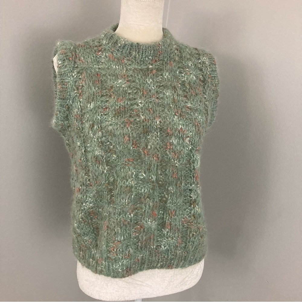 Vintage Hand Knit 80s mohair sweater vest green fleck stretch old money M - Picture 1 of 11